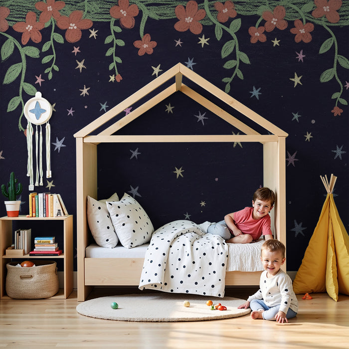 Papel de parede criança | Flores e estrelas na noite