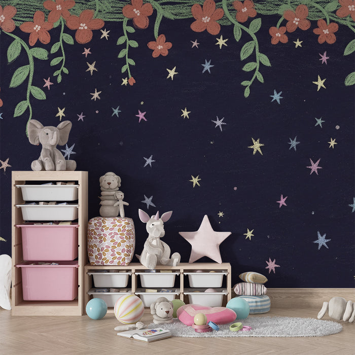 Papel de parede criança | Flores e estrelas na noite