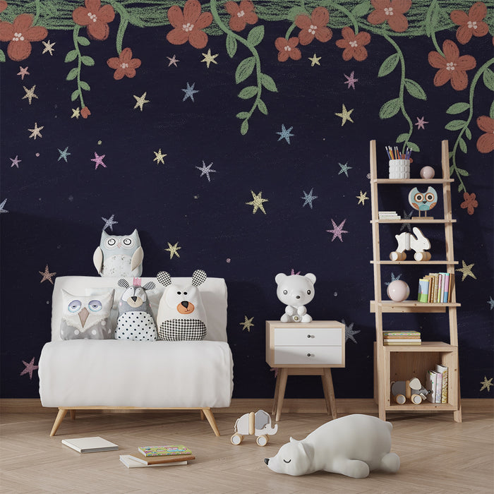Papel de parede criança | Flores e estrelas na noite
