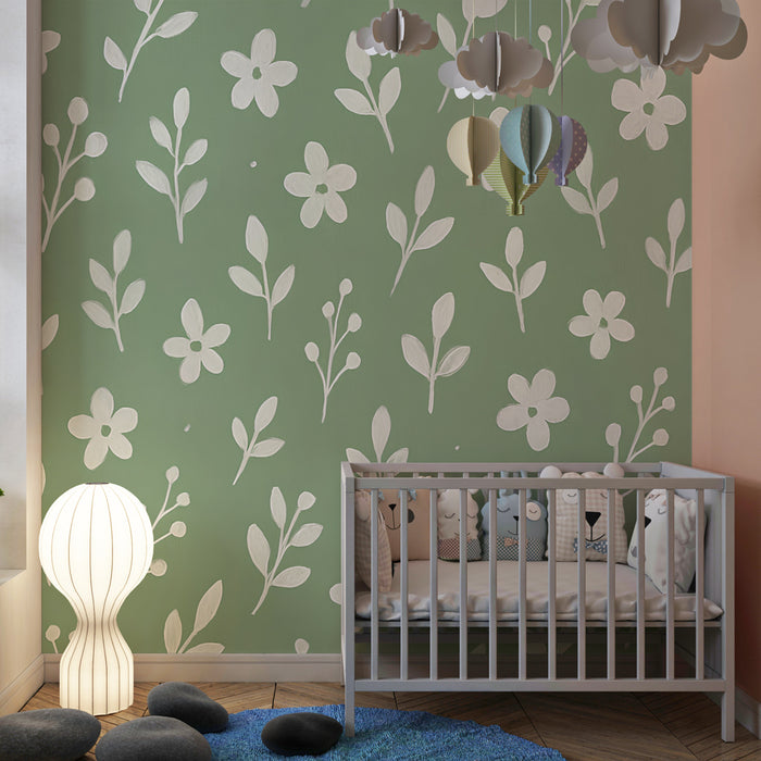 Papier peint chambre enfant | Fleurs et feuillages délicats