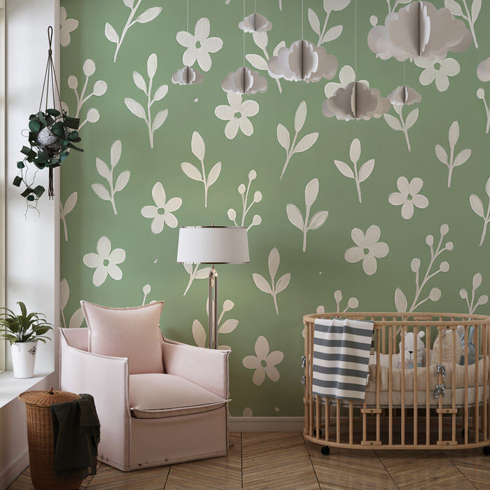 Papier peint chambre enfant | Fleurs et feuillages délicats