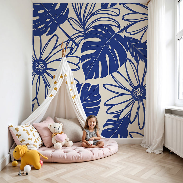 Papel de parede criança | Flores e folhagens tropicais em azul marinho