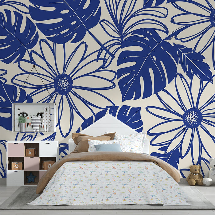 Papel de parede criança | Flores e folhagens tropicais em azul marinho