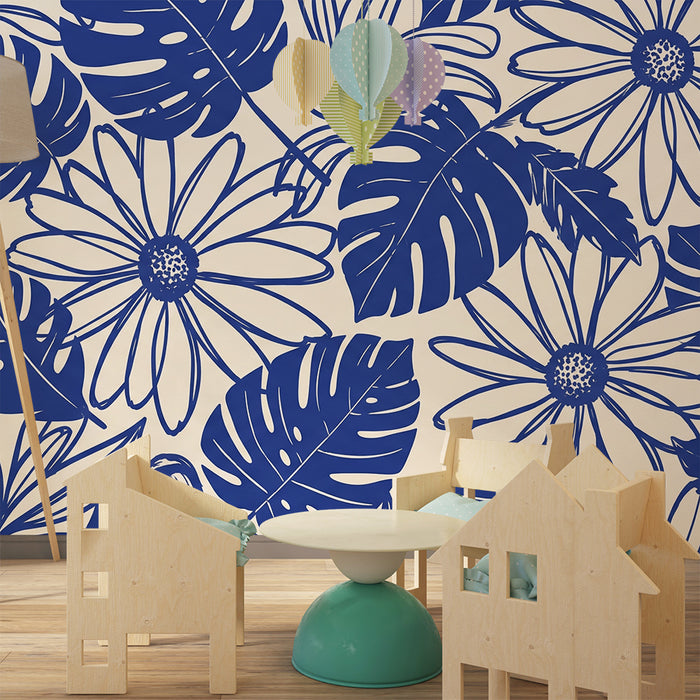 Papel de parede criança | Flores e folhagens tropicais em azul marinho