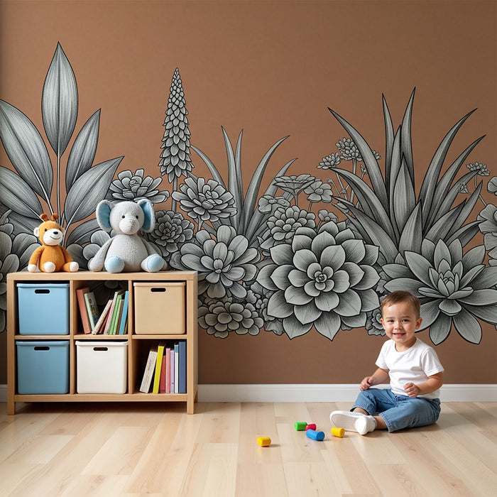 Behang kinderkamer | Zwart-witte bloemen en planten op terracotta achtergrond
