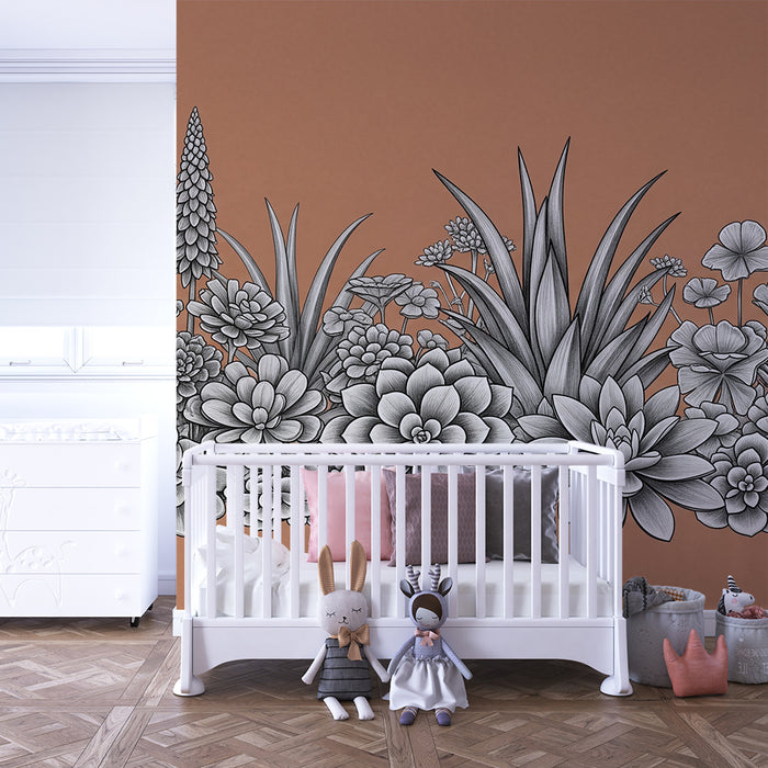 Behang kinderkamer | Zwart-witte bloemen en planten op terracotta achtergrond