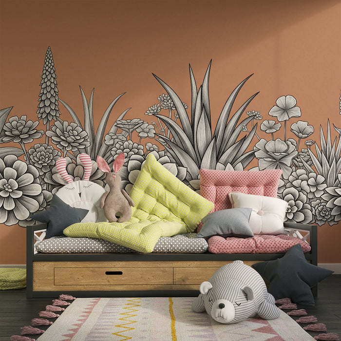 Behang kinderkamer | Zwart-witte bloemen en planten op terracotta achtergrond