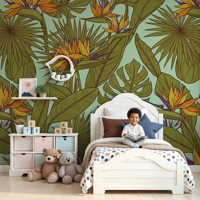 Kinderkamer behang | Exotische bloemen en tropisch blad op een pastel achtergrond