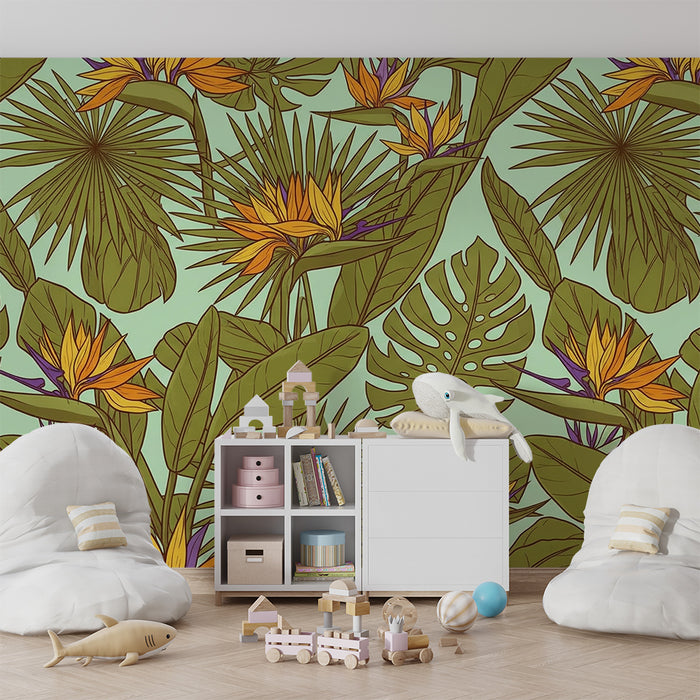 Kinderkamer behang | Exotische bloemen en tropisch blad op een pastel achtergrond