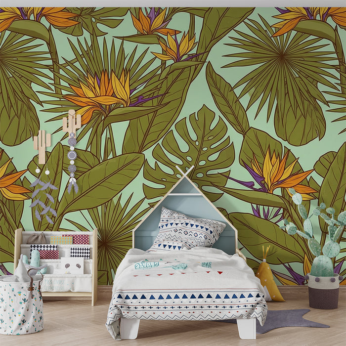 Kinderkamer behang | Exotische bloemen en tropisch blad op een pastel achtergrond