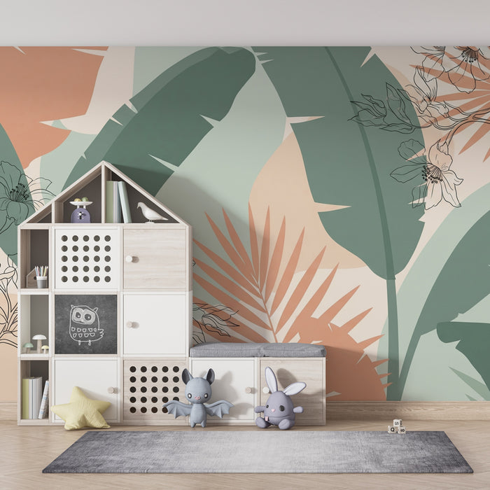 Papier peint chambre enfant | Fleurs exotiques et feuillages modernes