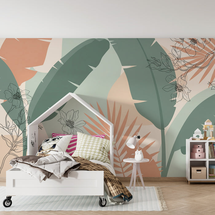 Papier peint chambre enfant | Fleurs exotiques et feuillages modernes