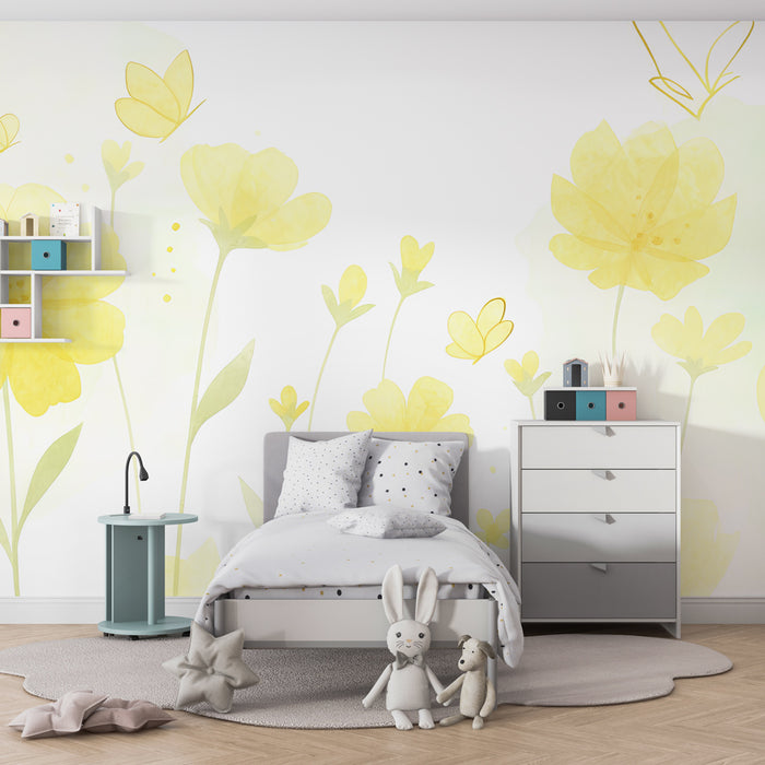 Papel de parede criança | Flores amarelas e borboletas delicadas