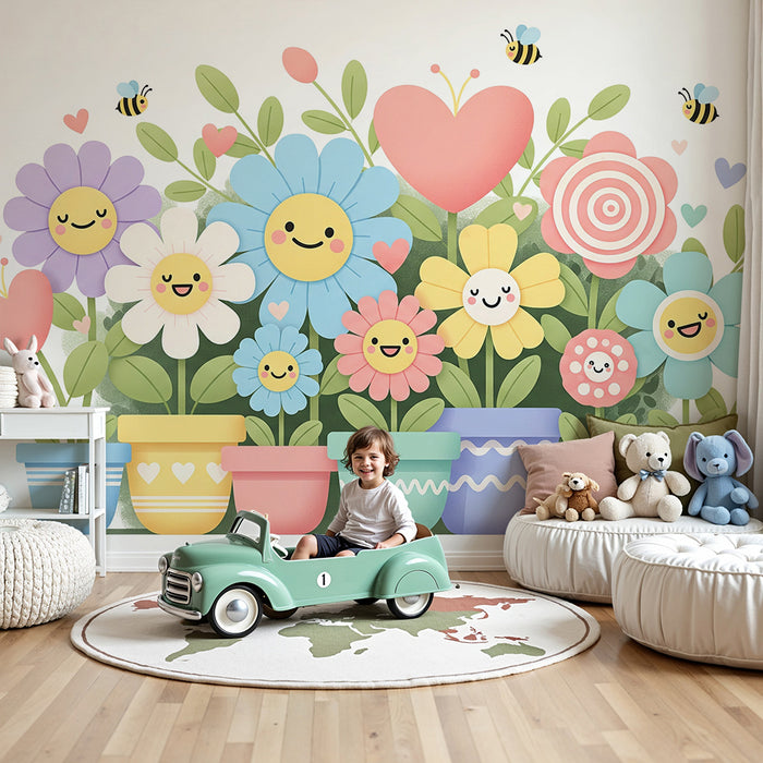 Papel de parede para quarto infantil | Flores alegres e abelhas num jardim colorido