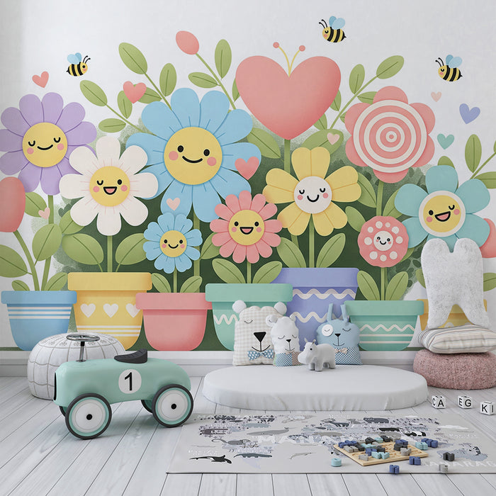 Papel de parede para quarto infantil | Flores alegres e abelhas num jardim colorido