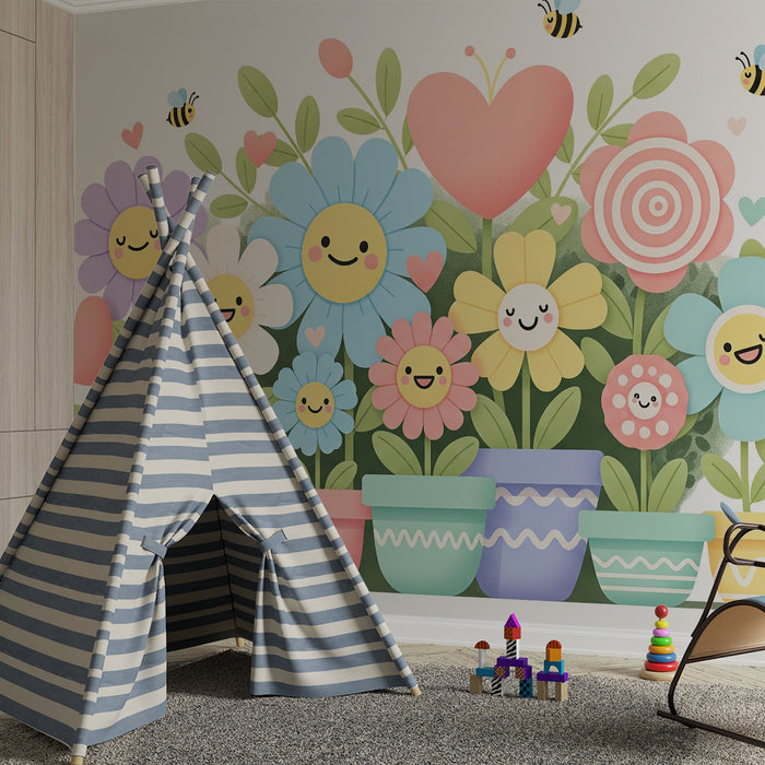 Papel de parede para quarto infantil | Flores alegres e abelhas num jardim colorido