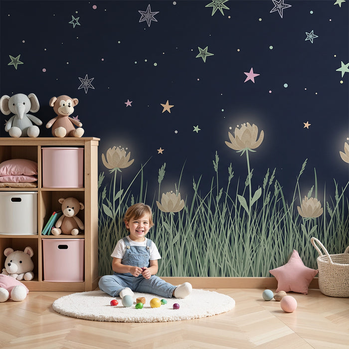 Kinderkamer behang | Heldere bloemen onder een sterrenhemel