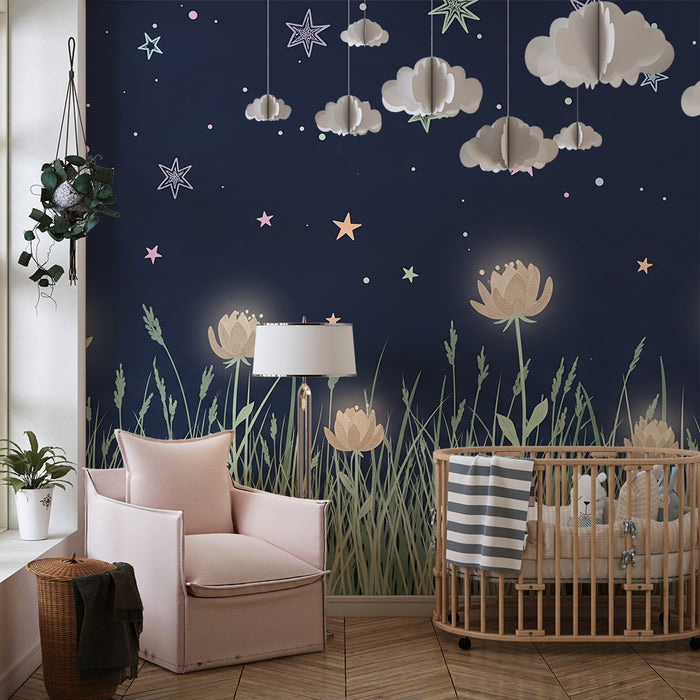 Kinderkamer behang | Heldere bloemen onder een sterrenhemel