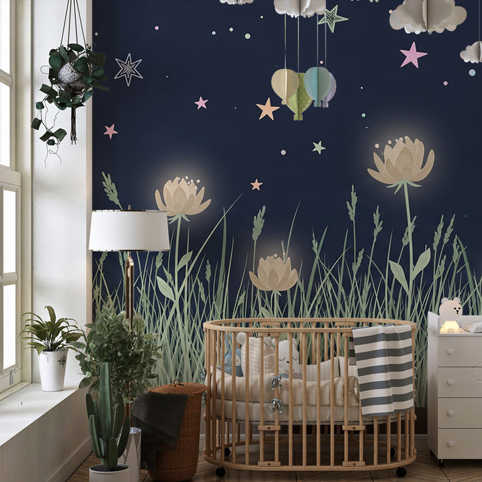 Kinderkamer behang | Heldere bloemen onder een sterrenhemel