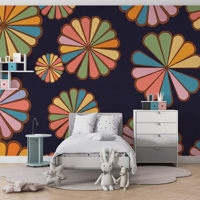 Papel pintado infantil | Flores multicolores sobre fondo oscuro