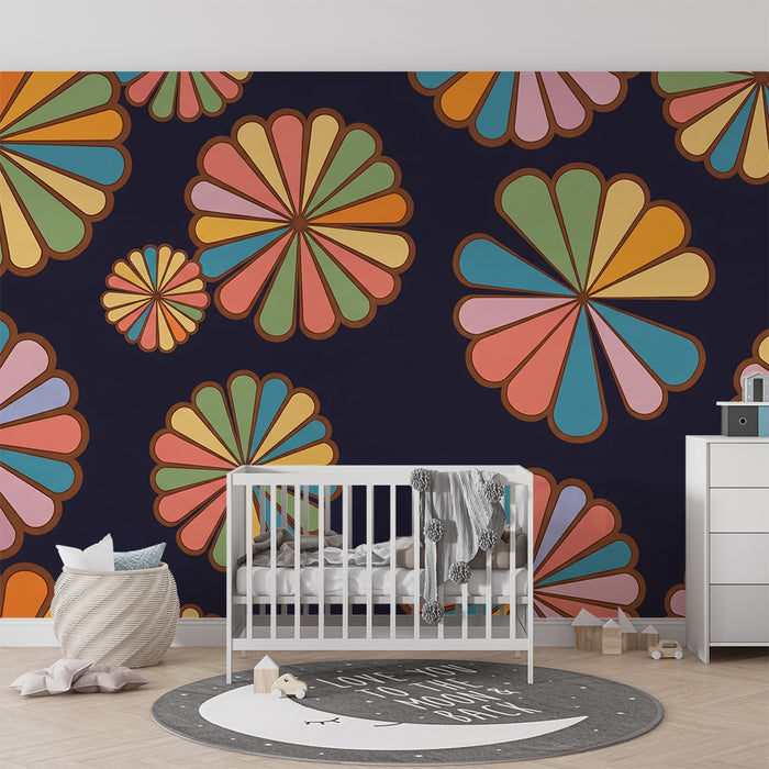 Papel pintado infantil | Flores multicolores sobre fondo oscuro