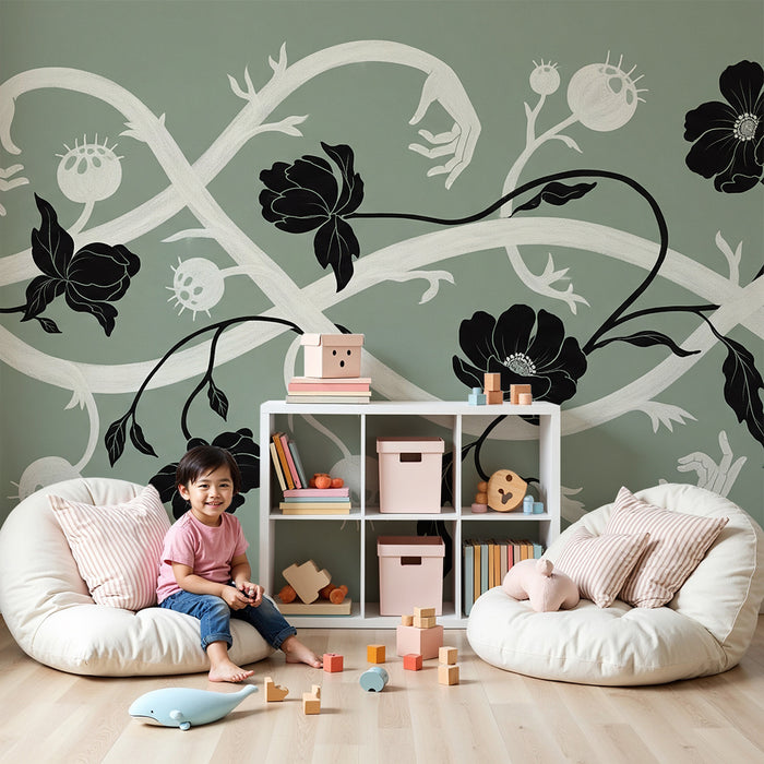 Behang kinderkamer | Zwarte bloemen en organische motieven op zachte groene achtergrond