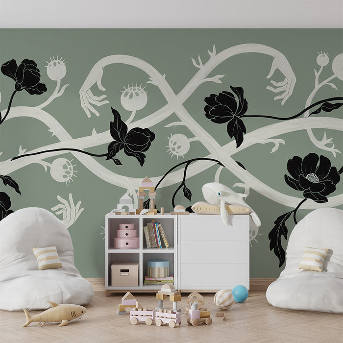Behang kinderkamer | Zwarte bloemen en organische motieven op zachte groene achtergrond