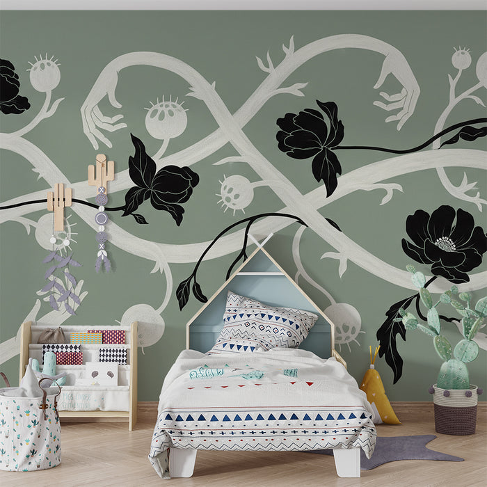Behang kinderkamer | Zwarte bloemen en organische motieven op zachte groene achtergrond