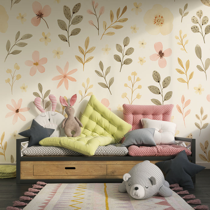 Papel de parede criança | Flores suaves e folhagem delicada