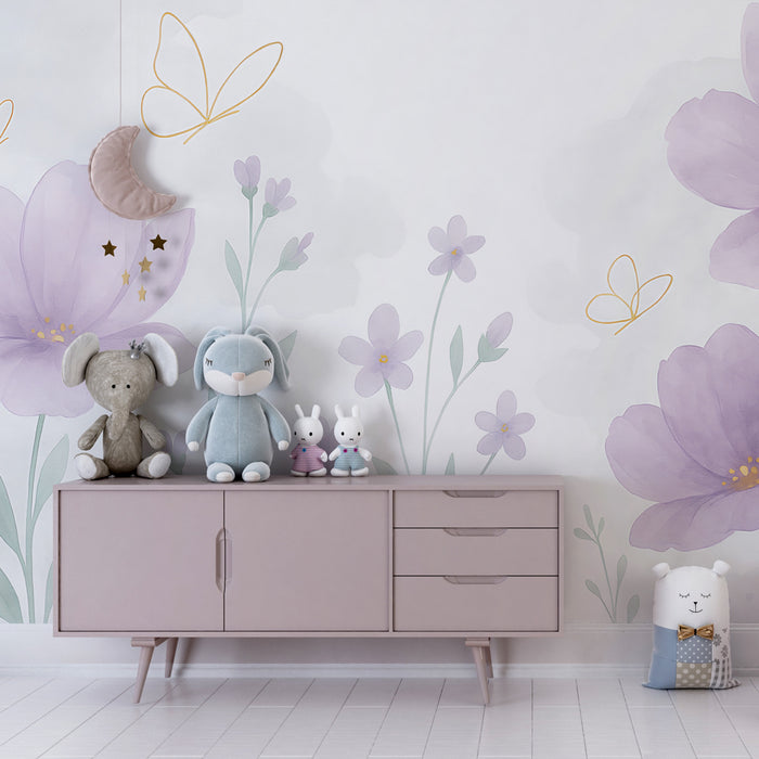 Kinderzimmer Tapete | Pastellblumen und zarte Schmetterlinge