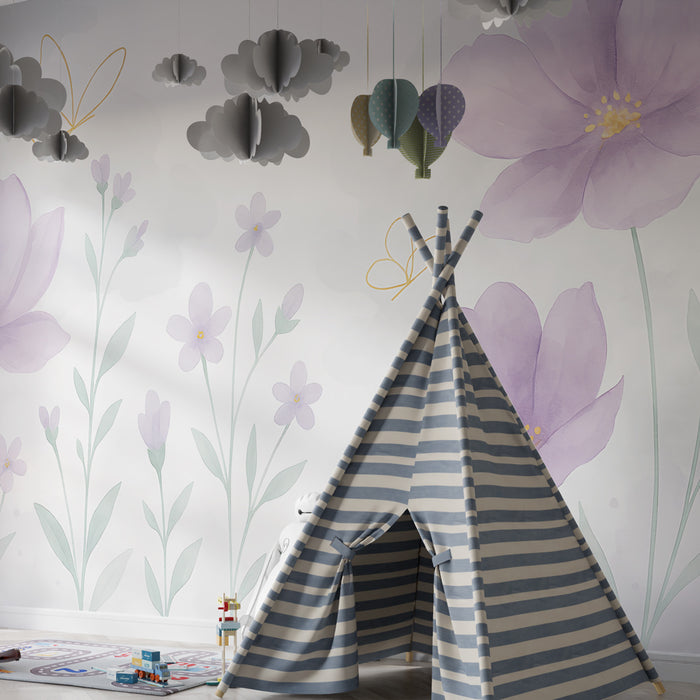 Kinderzimmer Tapete | Pastellblumen und zarte Schmetterlinge