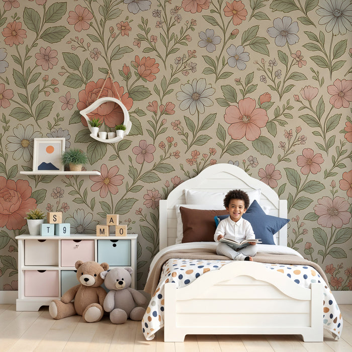 Papier peint chambre enfant | Fleurs pastel et verdure délicate