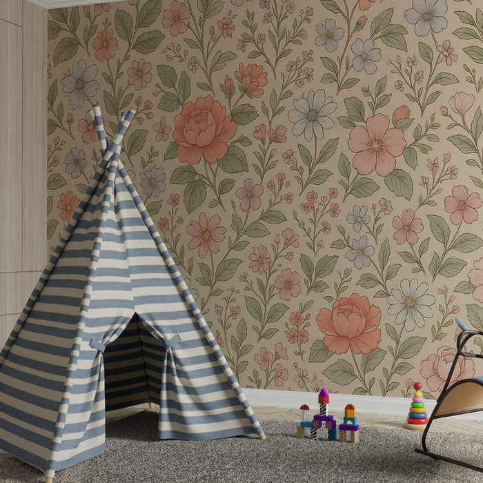 Papier peint chambre enfant | Fleurs pastel et verdure délicate