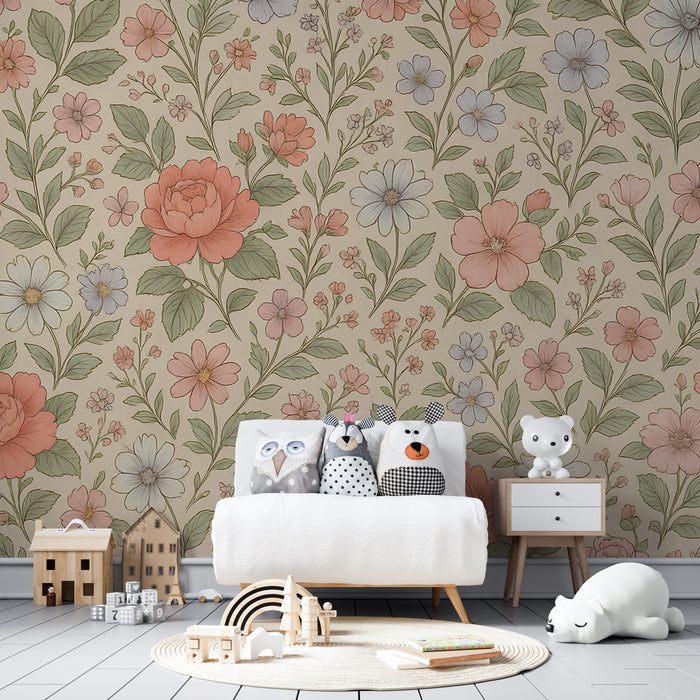Papier peint chambre enfant | Fleurs pastel et verdure délicate