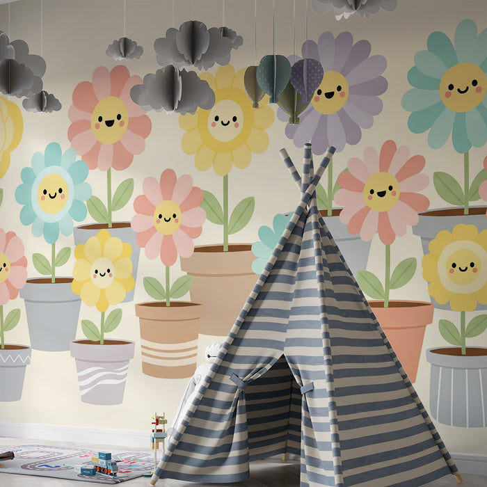 Barnetapet med smilende blomster i fargerike potter