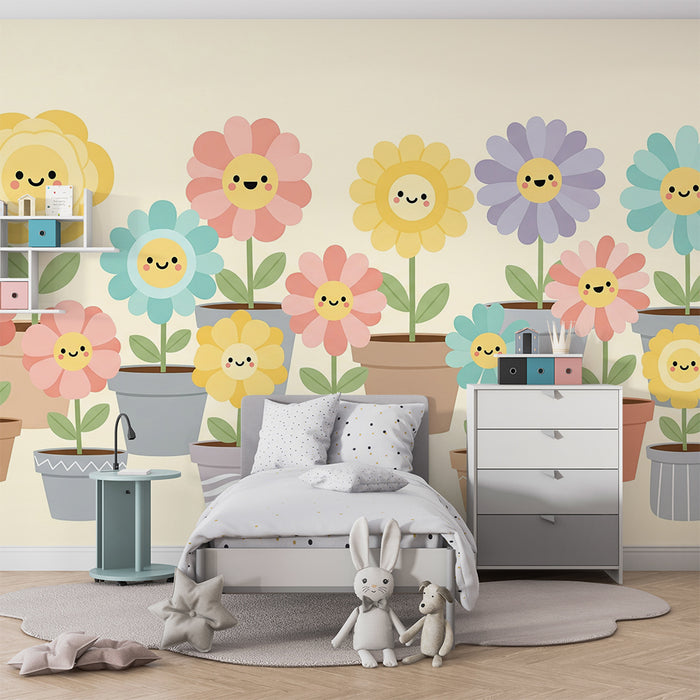 Barnetapet med smilende blomster i fargerike potter