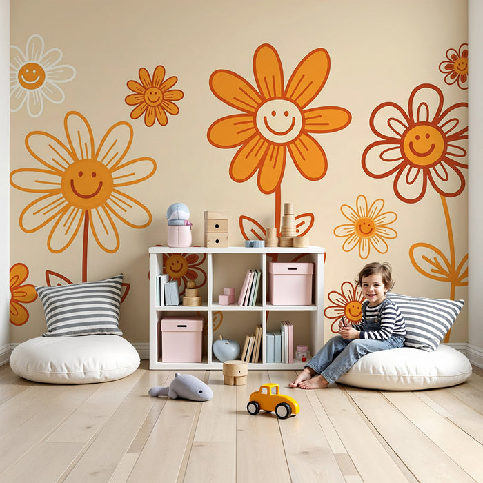Tapet barnerom | Smilende blomster og milde farger