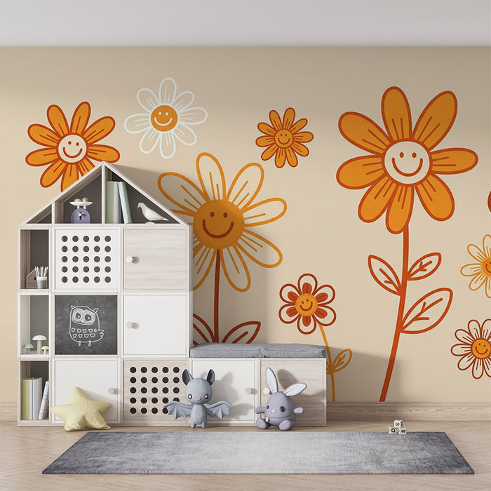 Tapet barnerom | Smilende blomster og milde farger