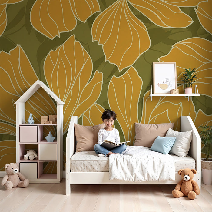 Papier peint chambre enfant | Fleurs stylisées en jaune sur fond vert