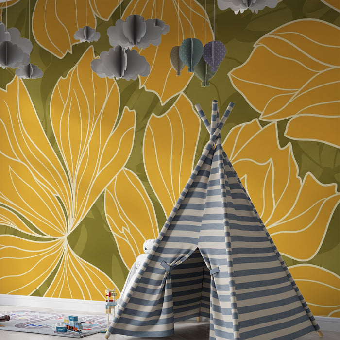 Papier peint chambre enfant | Fleurs stylisées en jaune sur fond vert
