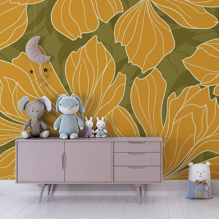 Papier peint chambre enfant | Fleurs stylisées en jaune sur fond vert