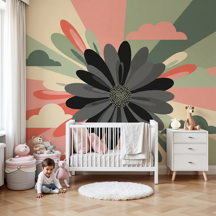 Barntapet | Stiliserade blommor och färgglada moln på pastellfond