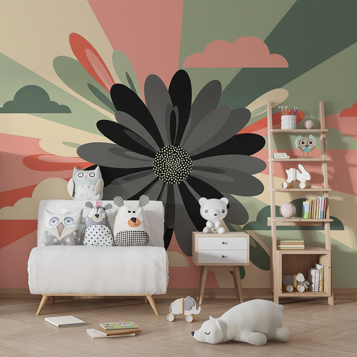Barntapet | Stiliserade blommor och färgglada moln på pastellfond