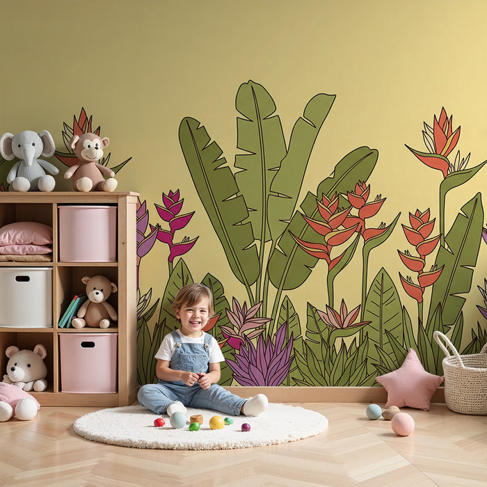 Tapet pentru camera copilului | Flori tropicale colorate pe fundal galben