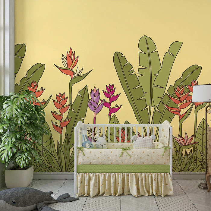 Tapet pentru camera copilului | Flori tropicale colorate pe fundal galben