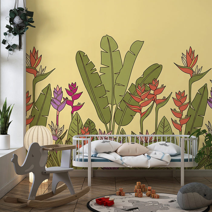 Tapet pentru camera copilului | Flori tropicale colorate pe fundal galben