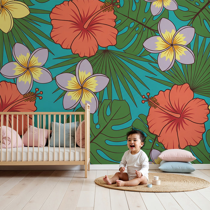Tapet pentru camera copilului | Flori tropicale colorate pe fundal turcoaz