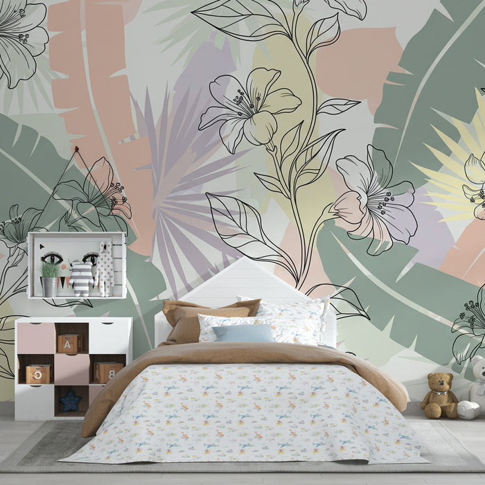Papier peint chambre enfant | Fleurs tropicales et motifs floraux