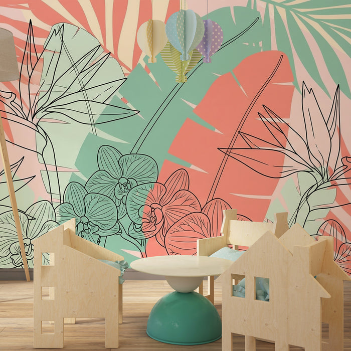 Papier peint chambre enfant | Fleurs tropicales et motifs linéaires