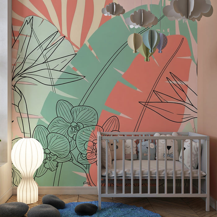 Papier peint chambre enfant | Fleurs tropicales et motifs linéaires